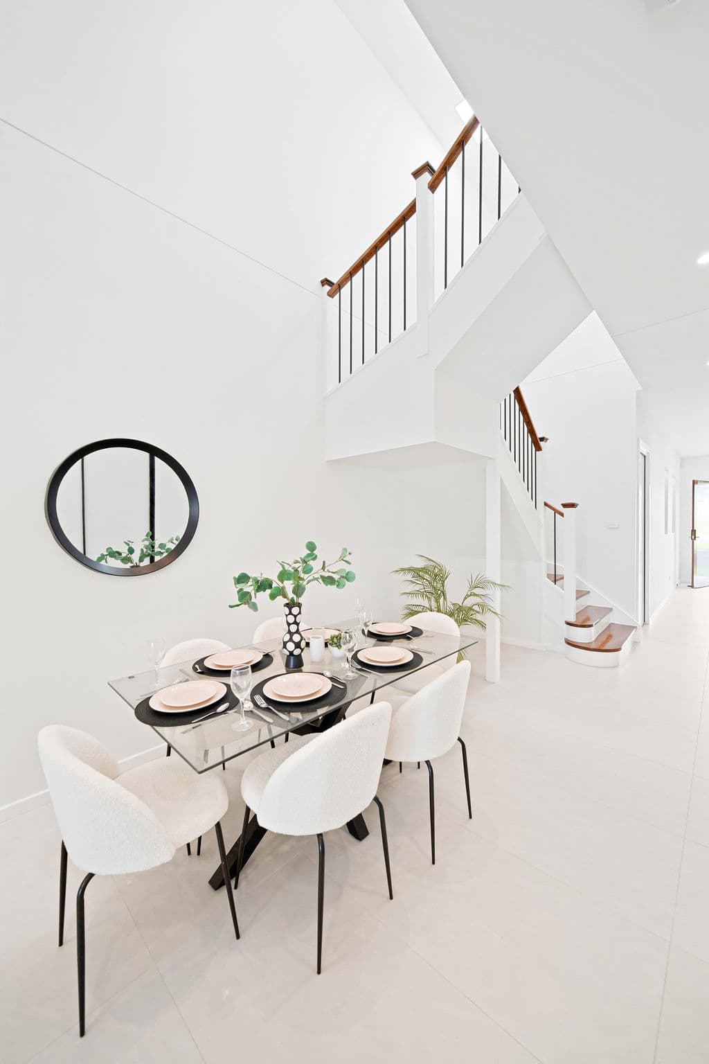 Wilton project — traditional staircase with timber treads and iron spindle balustrade, wide view